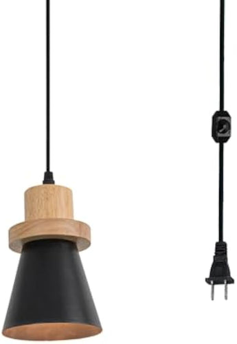 Dimmable Plug in Cord 15 Or 19.6 Feet E26 Wood Base Metal Shade Simple Design Hanging Pendant Light