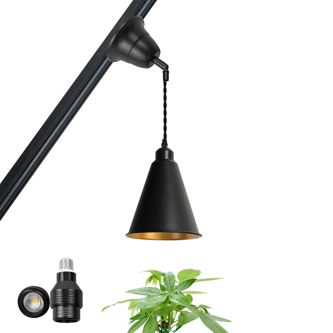 Full Spectrum Tilt Position Track Light 3.9 Ft Adjusted Cord Black Cone Shade Inner Gold Pendant