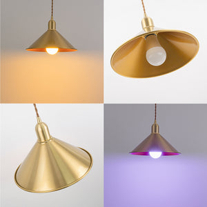 RGB LED Bulb With Remote Corded Dimmable Adjust Height Track Pendant Light Brass Cone Shade