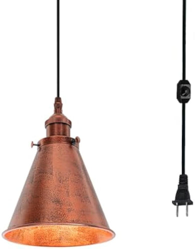 Plug in Hanging Light 7.4 Inch Retro Color Cone Lampshade E26 Base Vintage Pendant Light