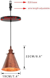 7.4 Inches Rust Cone Shade Hanging Light E26 Base Adjustable Height Droplight Vintage Pendant Light