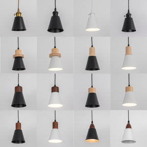 Dimmable Plug in Cord 15 Or 19.6 Feet E26 Wood Base White/Black Metal Shade Retro Hanging Lamp