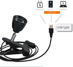 Black Mini LED Spotlight, Dimmable, Clip-on, USB Wiring, for Desk, Bedside, Night Light