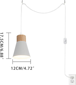 Dimmable Plug in Cord 15 Or 19.6 Feet E26 Wood Base White/Black Metal Shade Retro Hanging Lamp