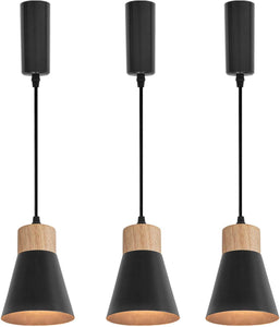 Adjusted Cable Track Lamp Wood Base Metal Black Shade Modern Pendant Lighting for Kitchen