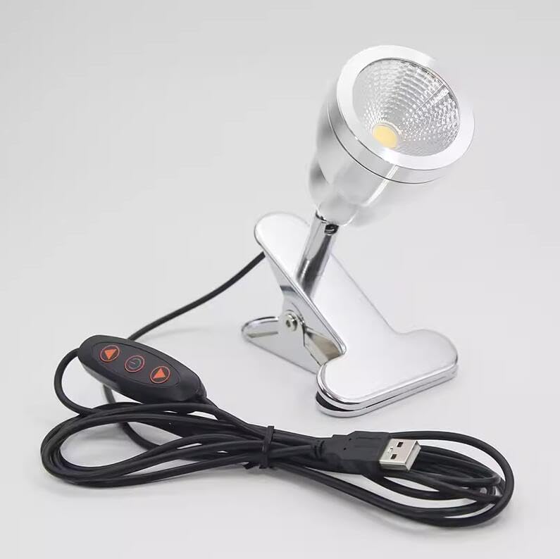 Silver Mini LED Spotlight, Dimmable, Clip-on, USB Wiring, for Desk, Bedside, Night Light