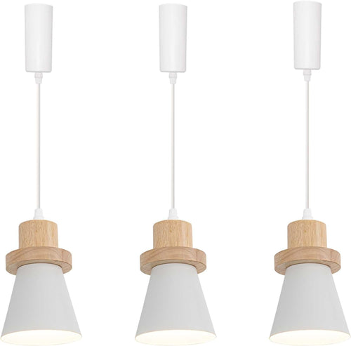 Adjusted Cable Track Lamp Wood Base Metal White Shade Simple Pendant Lighting for Kitchen