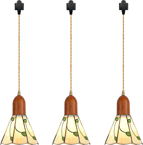 3-Lights Track Pendant Light Wood Socket Industrial Shade Leaves Freehand Glass Shape for Kitchen