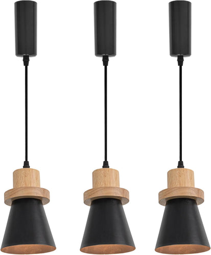 Adjusted Cable Track Lamp Wood Base Metal Shade Simple Pendant Lighting for Kitchen Dining Room