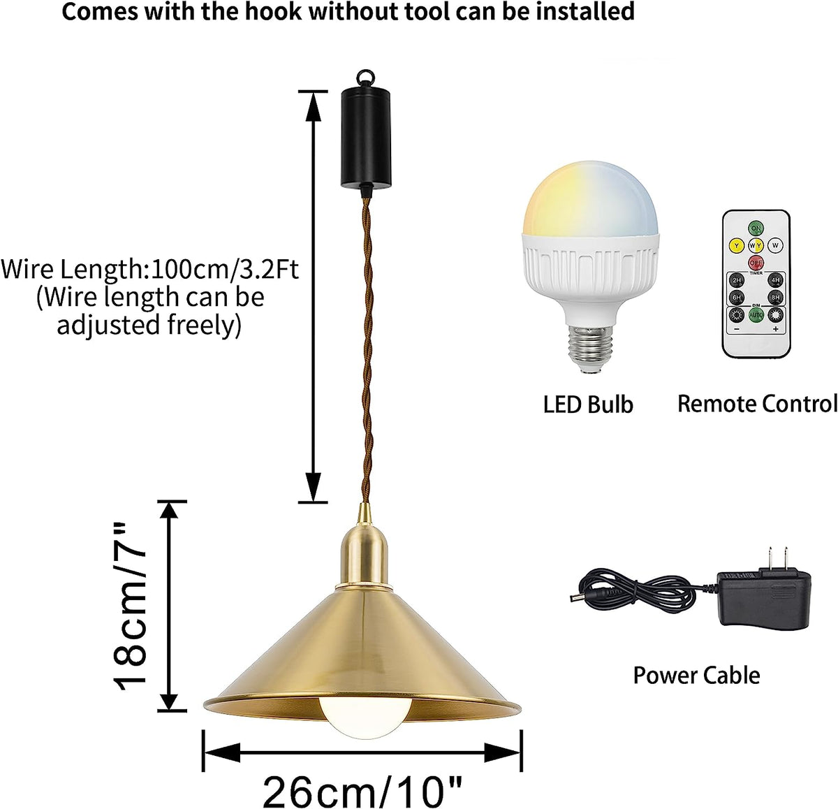 Rechargeable Battery Adjustable Cord Wireless Pendant Light Copper Sha ...