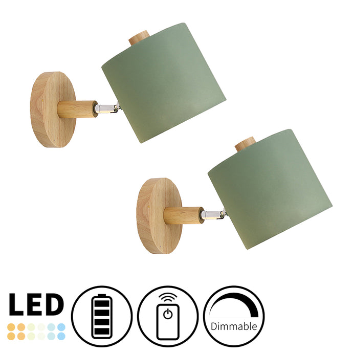 Battery Wireless Wooden Base Cylinder Shade Adjustable Wall Sconce Remote Dimmable