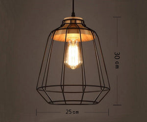 Plug-in Pendant Antique Iron Cage Combine Wood Lighting